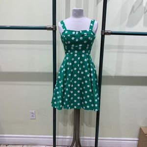 Eva Rose Green & White Polka Dot Fit and Flare Pinup Back-Tie Dress With Pockets